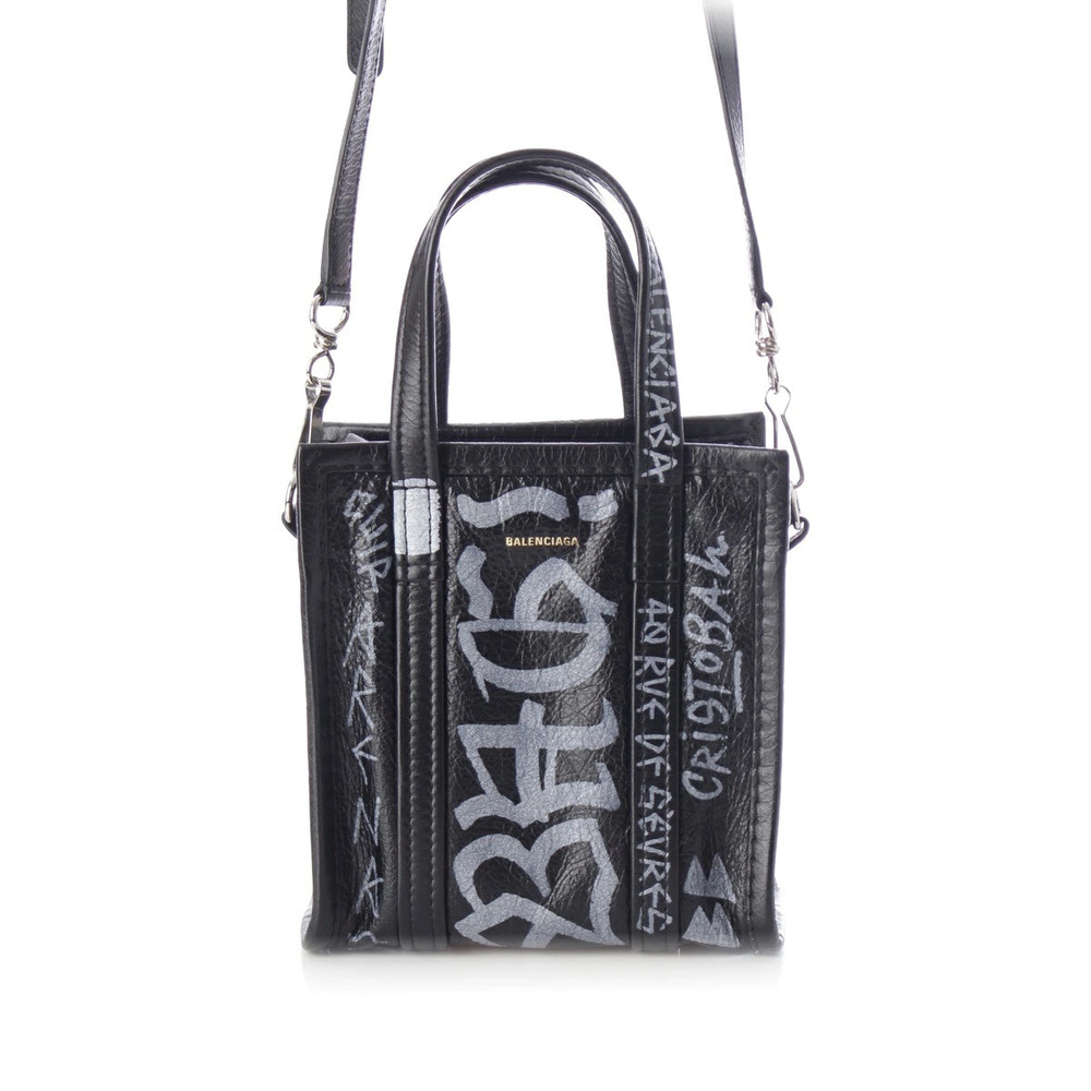 Balenciaga Graffiti Bazaar Shopper Leather Shoulder Handbag Black x White